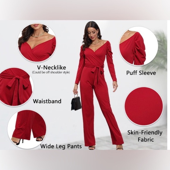 Women's Sexy Wrap Top Wide Leg Long Sleeve Cocktail V Neck Jumpsuit - Picture 4 of 10